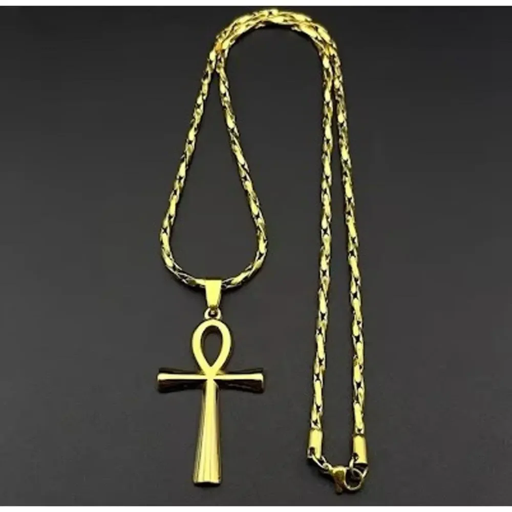 Egyptian Ankh Cross Pendant Necklace Gold Stainless Steel Religious Jewelry